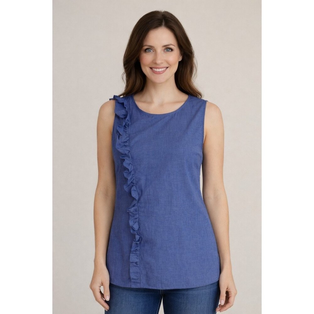 Banana Republic Blue Side Ruffle Women's Sleevless Chambray Size 6 Lightweight - Picture 1 of 5